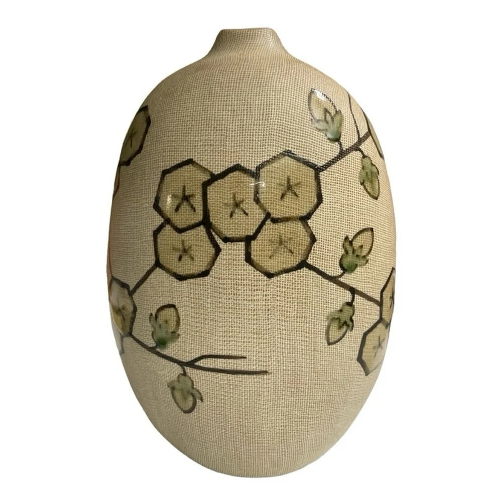 Vintage 1960s MCM Textured Clay Vase Geometric Floral Art Pottery 10.5